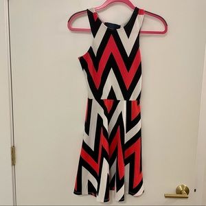 White/Navy/Coral Patterned Open Back Dress